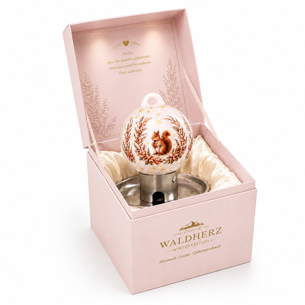 Weiße Premium Vogelfutterkugel mit Eichhörnchen-Motiv in hochwertiger Geschenkverpackung für Naturliebhaber und Vogelfreunde
